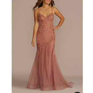 NWT Blondie NitesEmbroidered Embellished Mermaid Trumpet Dress Rose size 1